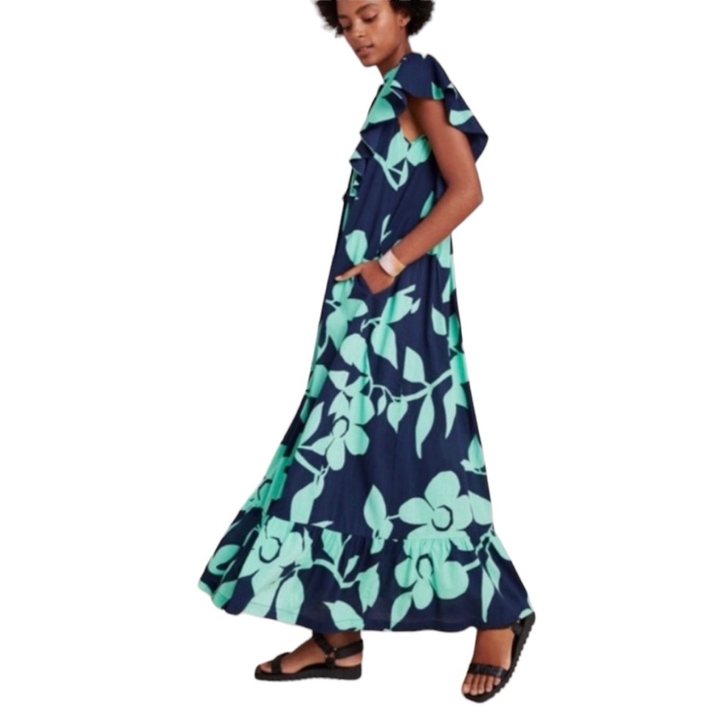 ANTHROPOLOGIE MAEVE Cassandra Blue Green Floral Flutter Sleeves Maxi Dress Sz M - Picture 3 of 15